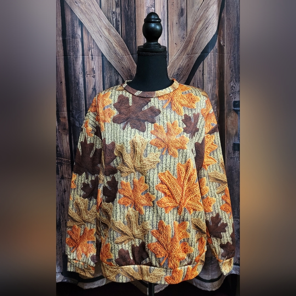 SHEIN NWOT Women's Long Sleeve Loose Fit Leaf Print Round Neck Casual Top